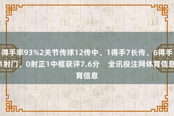 得手率93%2关节传球12传中、1得手7长传、6得手1射门、0射正1中框获评7.6分    全讯投注网体育信息